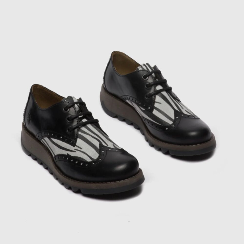 Fly London Rug Zebra Black Off White Oxford Lace Up Shoes, Women's 37 US 6.5